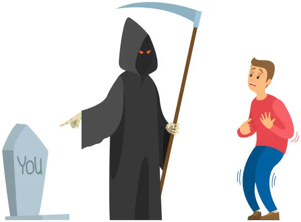 Vector illustration of Male character suffers from fear. Death with scythe in black cloak scares man. Guy is afraid to die