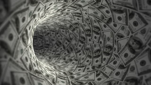 Seamless loop. Cash flow. USA one hundred dollar bills. Money tunnel