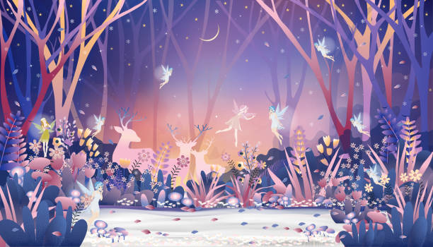 크리스마스 밤에 마법의 숲에서 순록 가족과 함께 비행하고 놀고있는 판타지 귀여운 작은 요정, 겨울 원더 랜드의 벡터 일러스트 풍경. 침대 시간 이야기 커버에 대한 동화 배경 - unicorn horse magic fairy tale stock illustrations