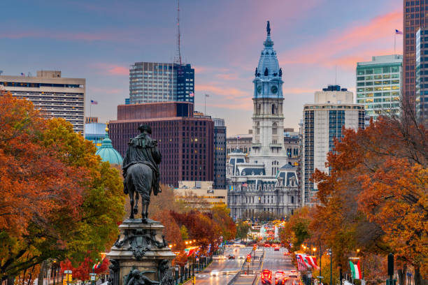 Philadelphia, Pennsylvania, USA Overlooking Benjamin Franklin Parkway Philadelphia, Pennsylvania, USA in autumn overlooking Benjamin Franklin Parkway. philadelphia pennsylvania photos stock pictures, royalty-free photos & images
