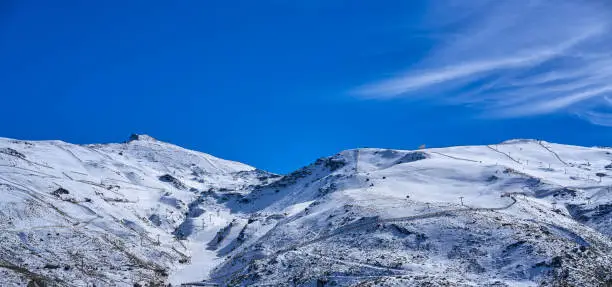 Sierra Nevada snow mountain ski resort in Granada of Spain