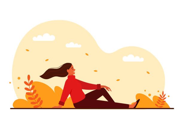 ilustrações de stock, clip art, desenhos animados e ícones de autumn scene a woman in the park - life events illustrations