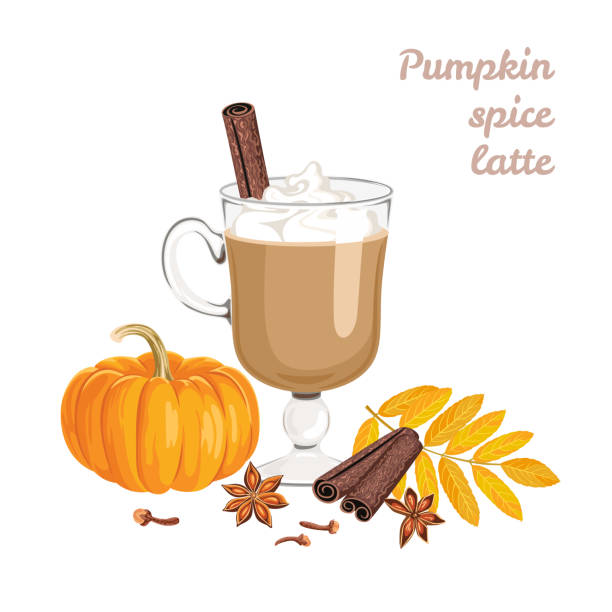 illustrations, cliparts, dessins animés et icônes de pumpkin spice latte dans une tasse en verre. illustration vectorielle d’automne d’une boisson au café de saison avec crème fouettée, citrouille, cannelle et étoile d’anis. dessin animé de style plat. - latté pumpkin spice coffee