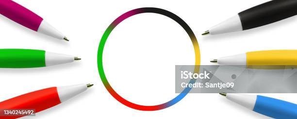 6 German Colors Of Political Parties And Ballpens Stock Photo - Download Image Now - 2021, Election, Germany
