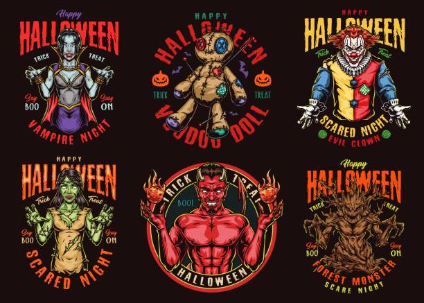 illustrations, cliparts, dessins animés et icônes de badges colorés de la nuit d’halloween - clown evil horror spooky