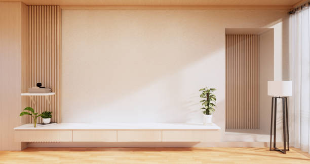 schrank holzdesign auf modernem raum japanisch.3d rendering - zimmer bildschirm stock-fotos und bilder