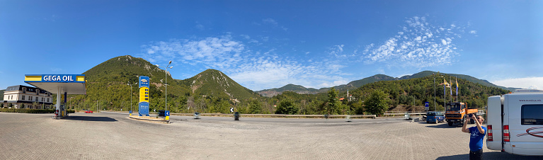 Albania, Tirana - September 5, 2021: Gega Oil petrol station on mountain road to Tirana