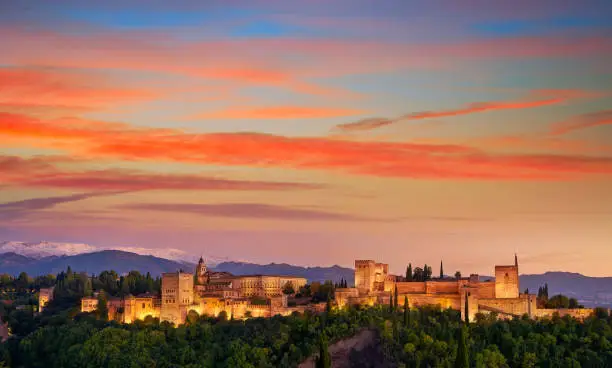 Alhambra fortress sunset in Granada of Spain at andalusian