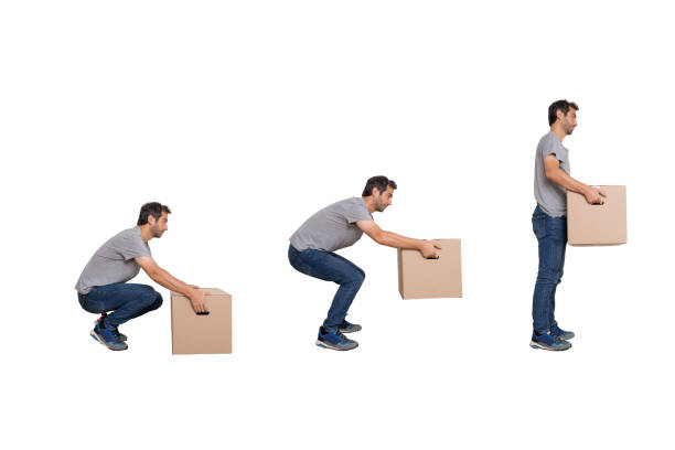 One man posture movement lifting a box isolated on white background.