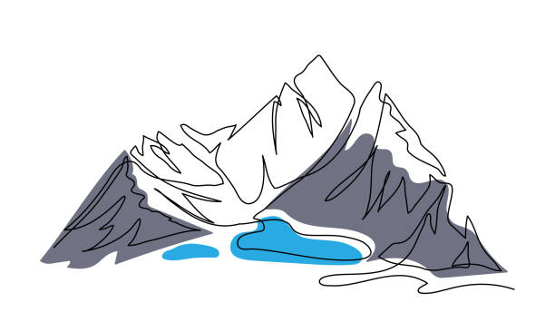 山の中の湖。1つの連続した線画。色ベクトルの単線設計。山水のラベルイラスト - mountain range mountain mountain peak himalayas点のイラスト素材／クリップアート素材／マンガ素材／アイコン素材