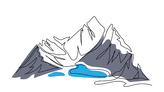 Lake in the mountains. One continuous line art drawing. Color vector single line design. Label illustration for mountain water