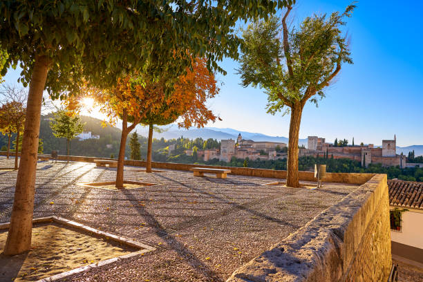 Alhambra in Granada from San Nicolas Alhambra sunrise in Granada from San Nicolas lookout in Spain at Albaicin granada stock pictures, royalty-free photos & images