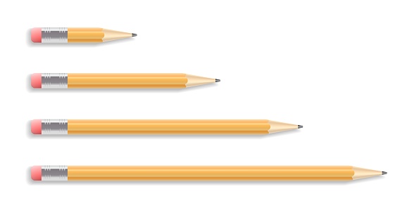 Set of four realistic drawing pencils with rubber end. Sharpened yellow pencil. Detailed graphic design element. Vector illustration isolated on white background