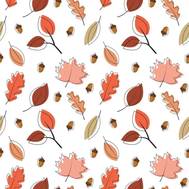 Vector illustration of Seamless pattern with black stroke and colorful autumn leaves