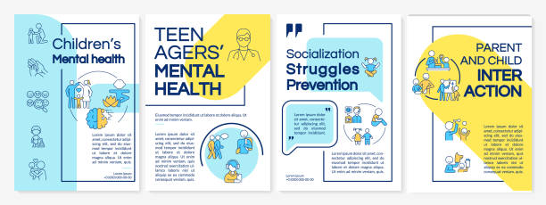 Children mental health blue and yellow brochure template Children mental health blue and yellow brochure template. Flyer, booklet, leaflet print, cover design with linear icons. Vector layouts for presentation, annual reports, advertisement pages modern magazine layout stock illustrations
