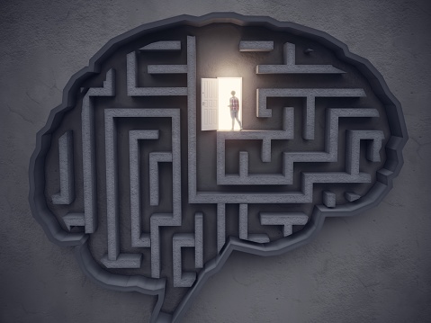 Big Idea Concept, La mujer abre la puerta en el cerebro en forma de laberinto photo