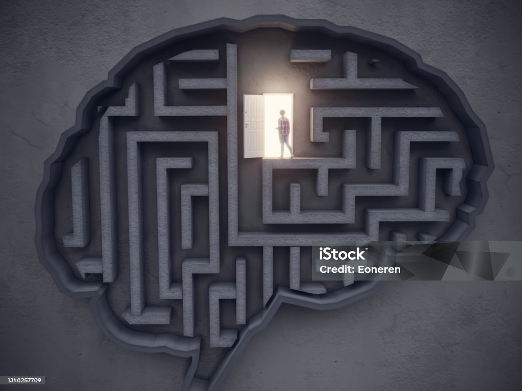 Big Idea Concept, The woman open the door in the maze-shaped brain The woman find and open the door in the maze-shaped brain on the wall, symbolizing big ideas, innovation concepts. (3d render) Maze Stock Photo