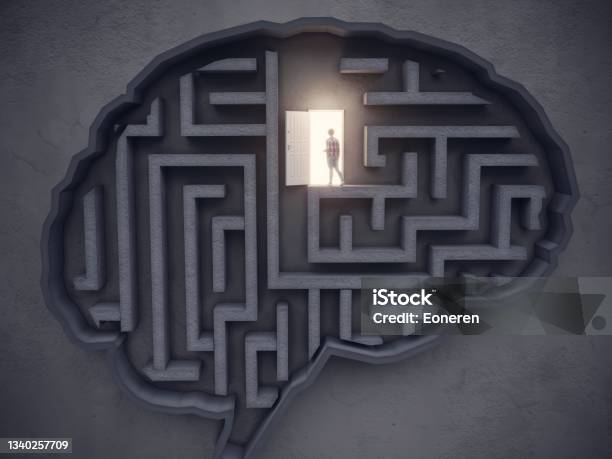 Big Idea Concept The Woman Open The Door In The Mazeshaped Brain Stock Photo - Download Image Now