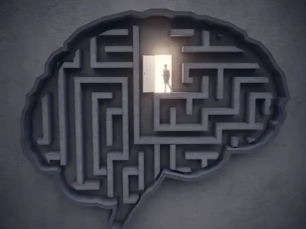 The woman find and open the door in the maze-shaped brain on the wall, symbolizing big ideas, innovation concepts. (3d render)