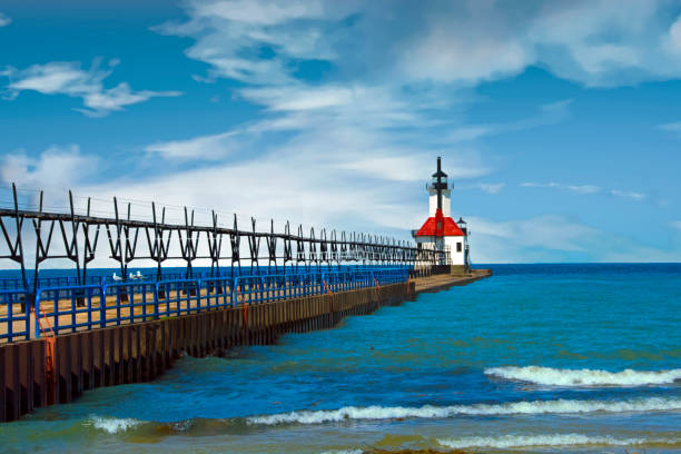 Lighthouse-Harbor lighthouse-with elevated winter catwalk-Benton Harbor Michigan