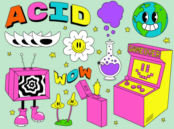 Acid abstract characters and objects. In a cartoon style, a set of bright psychedelics, all elements are isolated Acid abstract characters and objects. In a cartoon style, a set of bright psychedelics, all elements are isolated bong vector stock illustrations