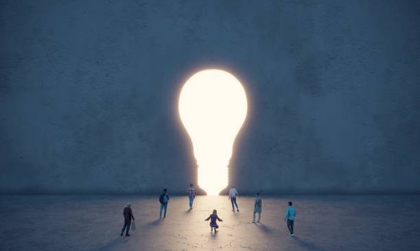 lightbulb shaped hole, ideas - innovation concept - light bulb business wisdom abstract imagens e fotografias de stock
