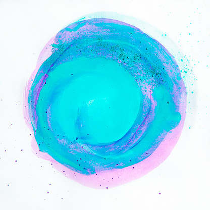 Turquoise and pink circle shape aquarelle on white background