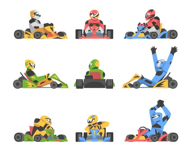 Vector illustration of Kart Racing or Karting with Man Racer in Open Wheel Car Engaged in Motorsport Road Extreme Driving Vector Set