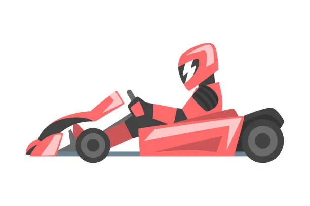 Vector illustration of Kart Racing or Karting with Man Racer in Open Wheel Car Engaged in Motorsport Road Extreme Driving Vector Illustration