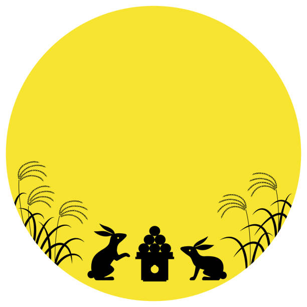 Illustration of silhouettes of rabbits and offering dumplings in the full moon A frame with silhouettes of rabbits looking up, offering dumplings and japanese pampas grass in the full moon ornamental grass white background stock illustrations