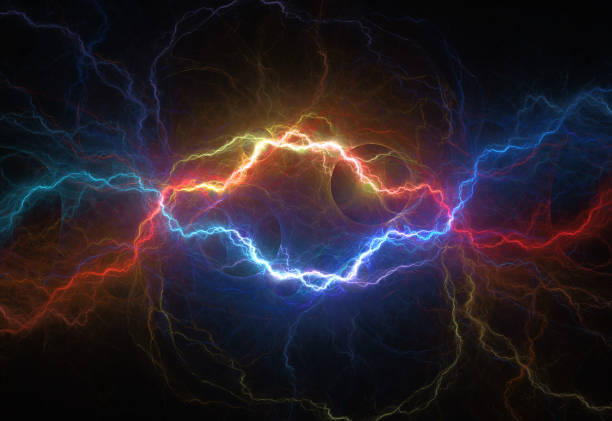 istock Blue and orange lightning and plasma background, abstract fire and ice background 1340263725