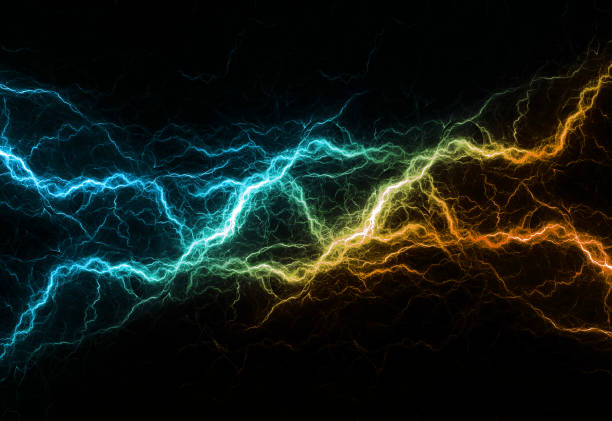 istock Blue and orange lightning and plasma background, abstract fire and ice background 1340263730