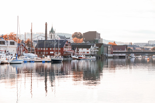Coastal landscape of Levanger town on a sunny autumn day, Norway