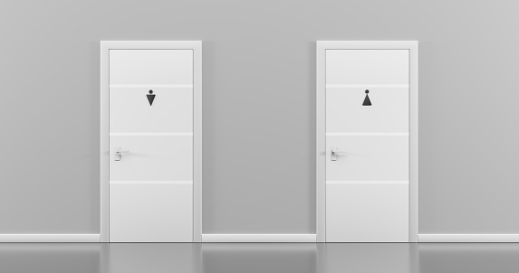 Toilet doors for women and men in empty corridor, front view. Realistic interior with white closed doors, sign WC, grey walls and floor, entrance in public restroom. Lavatory in school, mall or office