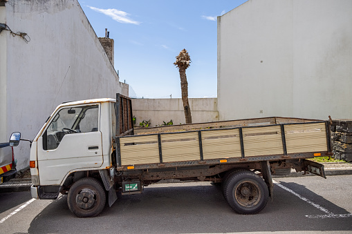 Small truck with a dead palm tree in the background in the Portuguese town Lagoa which is today a suburb to Ponta Delgada which is the main city on the Azorean Island San Miguel in the center of the North Atlantic Ocean.