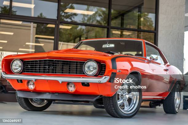Classic Vintage Muscle Car Stock Photo - Download Image Now - Sports Car, Vintage Car, Orange Color
