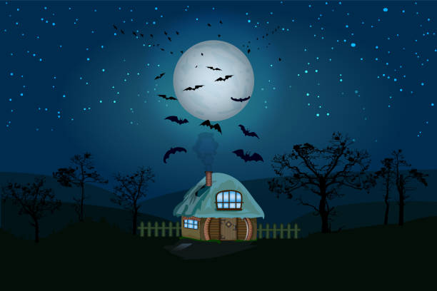 istock Halloween night background with house, full moon, starry sky, tree silhouette and bats. 1340270924