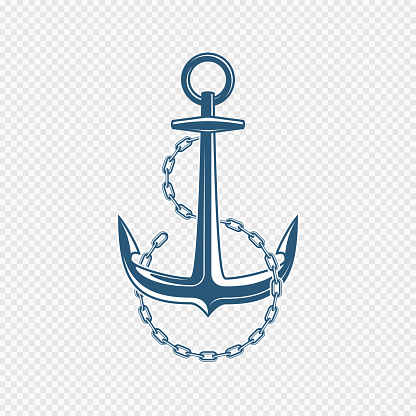 Nautical Anchor with chain links, isolated transparent background. Ship anchor, vintage icon. Vector illustration for marine and heraldry design. EPS 10.