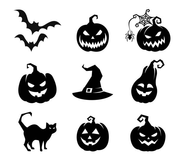 ilustraciones, imágenes clip art, dibujos animados e iconos de stock de colección de iconos de happy halloween - bruja