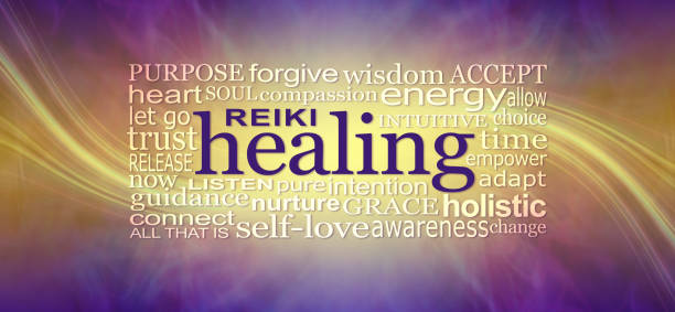 Reiki Healing Words Wall Art Banner deep purple and gold background with a sweeping energy line through behind a HEALING word cloud ideal for a reiki therapist's healing room wall word cloud shapes stock pictures, royalty-free photos & images