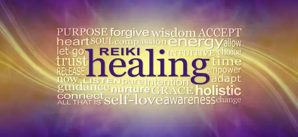 deep purple and gold background with a sweeping energy line through behind a  HEALING word cloud ideal for a reiki therapist's healing room wall