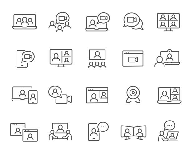 ilustraciones, imágenes clip art, dibujos animados e iconos de stock de conjunto de iconos de videoconferencia - webinar