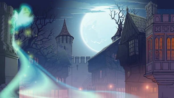 illustrazioni stock, clip art, cartoni animati e icone di tendenza di sfondo medievale di halloween - building exterior fog street halloween