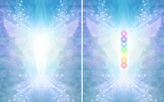 with and without seven chakras centrally positioned 2 beautiful ethereal blue backgrounds with copy space