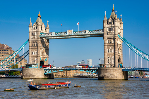 London, England - August 02, 2005: Panoramic view of Tower Bridge, the city hall and the HMS Belfast.