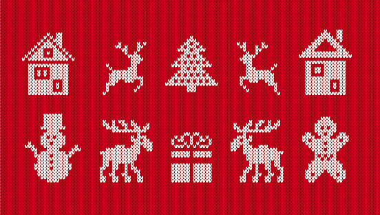 Christmas knit elements on seamless pattern. Sweater xmas ugly ornament. Knitted print with deer, gingerbread man, tree, snowman, gift box. Red textured border. Vector illustration.
