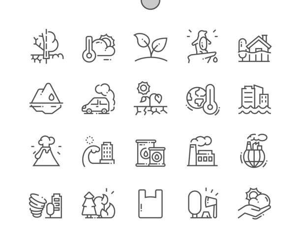 Ecology. Climate change. Weather, sprout, volcano, drought. Forest fire. Air pollution. Pixel Perfect Vector Thin Line Icons. Simple Minimal Pictogram Ecology. Climate change. Weather, sprout, volcano, drought. Forest fire. Air pollution. Pixel Perfect Vector Thin Line Icons. Simple Minimal Pictogram climate change money stock illustrations