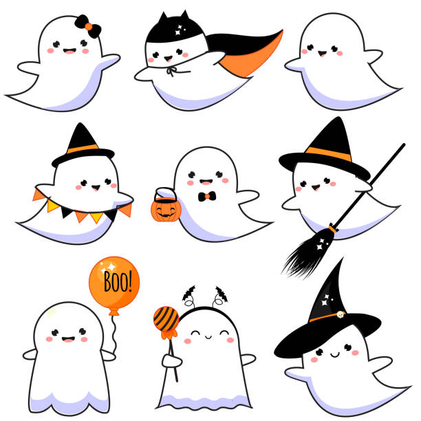 Cute ghosts set. Halloween characters in kawaii style. collection of isolated vector clip art Cute ghosts set. Adorable Halloween characters in kawaii style. collection of isolated vector clip art cute ghost stock illustrations