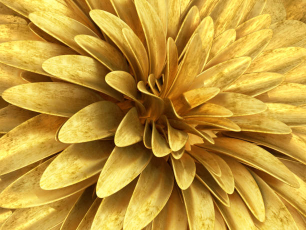 Shiny gold metallic flower close up as background or wallpaper 3d rendering