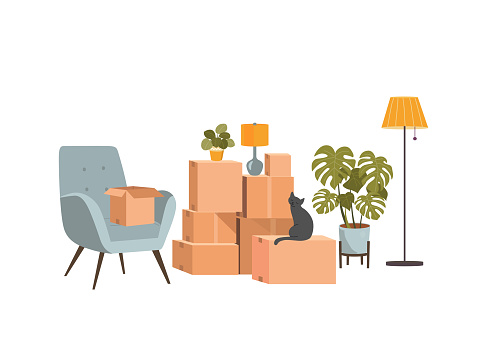 Moving boxes and furniture. Vector flat style illustration